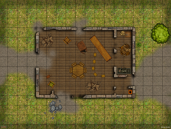 Daytime Ruined Tavern with Grid