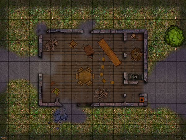 Nighttime Ruined Tavern with Grid